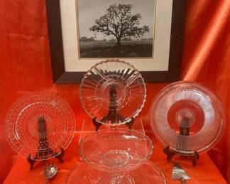 Vintage Glassware Framed Black and White Tree Print Pedestal Bowl, Serving Plates Utensils