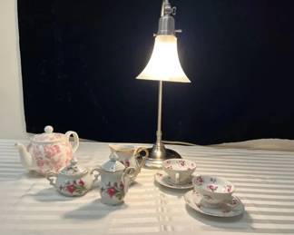 Brushed Nickel Lamp, Moss Rose Creamer Set, 2 Unmarked Moss Rose Cup And Saucer, English Teapot