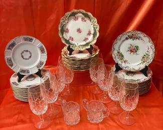 Vintage Porcelain China Cut Crystal Stemware Collection Floral Plates, Glasses, Creamer Sugar