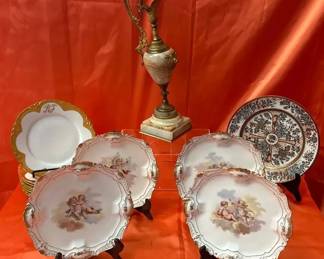 Collection of Antique Vintage Porcelain Plates and Onyx Decorative Ewer