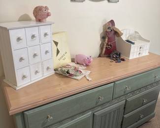 teal and light wood dresser 