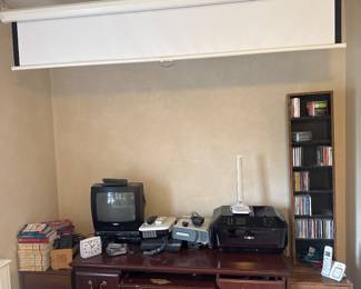 two oak file cabinets, desk, printer, plus a tall dvd holder 