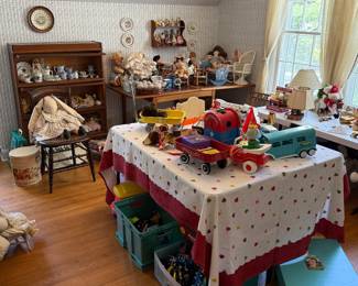 Dolls/Toys both Antique and Vintage. MCM Fold Out Table in the Back Corner.