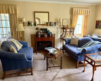 Pair of Baker Camel Back Loveseats, Butler's table, and more...