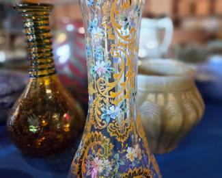 Bohemian Art Glass Vase with Floral Enamel Decoration