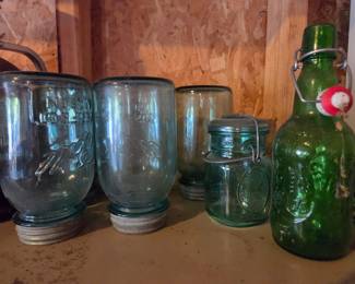 Assorted Vintage Aqua Glass Mason Jars and Green Swing-Top Bottle