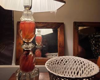 Vintage Murano-Style Art Glass Table Lamp with Ceramic Basket