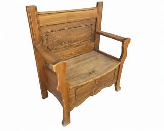 Antique Oak Monks Bench with Carvings