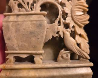 Vintage Chinese Hand Carved Soapstone Sculpture with Vase, Flowers, and Bird