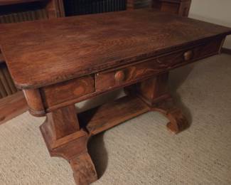 Antique Quarter-Sawn Oak Library Table with Drawer
