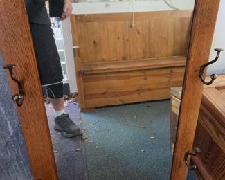 Antique Arts & Crafts Mission Oak Hall Tree Mirror with Hooks