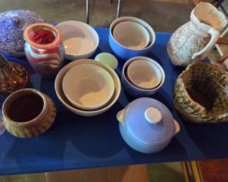 Assorted Ceramic and Glassware Collection with Transferware Pitcher