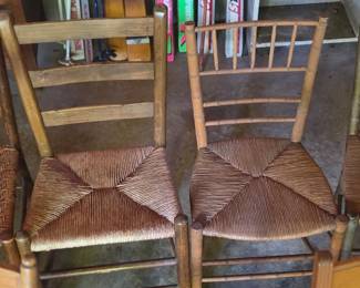 Set of Four Vintage Ladder Back Chairs with Rush Seats