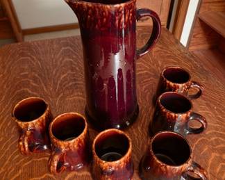Hull Pottery Brown Drip Pitcher and Mugs Set