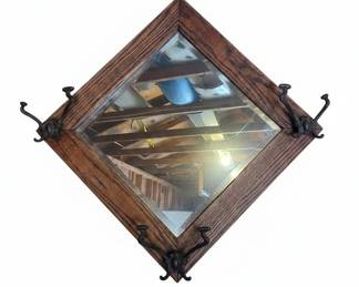 Oak Frame Diamond Mirror with Ornate Coat Hooks