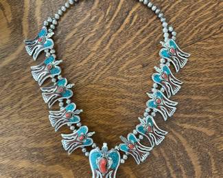 Turquoise and Coral Peyote Squash Blossom Necklace