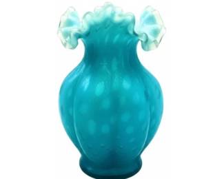 Fenton Glass Vase Blue Coin Dot Satin Melon Design With Ruffled Rim
