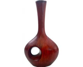 Mid Century Wooden Vase With Teardrop Body & Circular Cutout