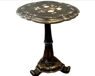 Victorian Tilt-Top Paper-Mache & Mother-of-Pearl Inlay Table With Pedestal Base