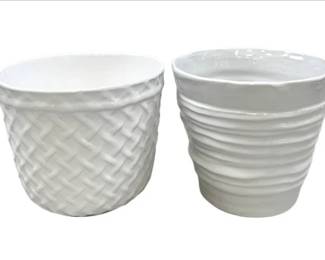 Two White Ceramic Planters, One With Basketweave, One With Ribbed Texture