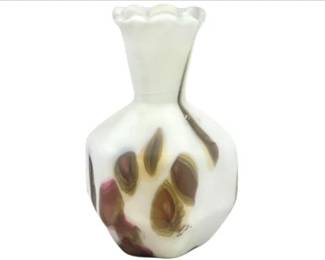 Satin Glass Paneled Style Vase With Scalloped Rim & Embedded Hand Blown Detailing