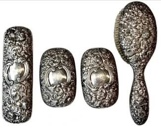 Antique Sterling Silver Repousse Brush Set - Gorham Sterling Hallmarks & Pattern Numbers