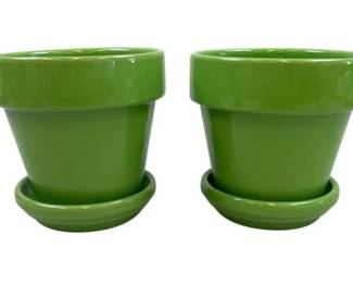 Green Ceramic Flower Pots & Saucers - Set Of Two