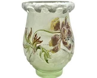 Art Nouveau Enameled Glass Vase With Floral Motif