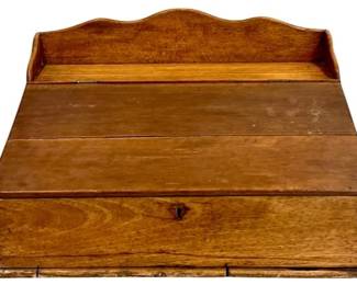 Antique Pine Slanted Desktop Box With Scalloped Back And Key Hole