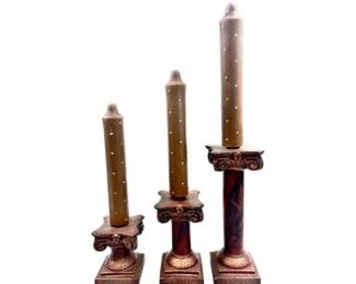 Set Of Three Graduated Red And Gold Ionic Column Candle Holders
