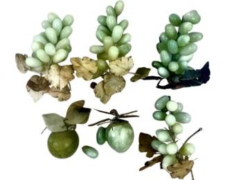 Vintage Chinese Jade Grape & Fruit Clusters With Stone Leaves