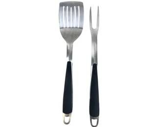 Stainless Steel Slotted Grilling Spatula And Fork With Black Handles And Hanging Hook
