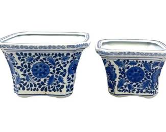Pair Of Bombay Blue & White Hexagonal Cachepots/Planters With Floral Design