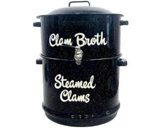 Vintage Black Speckled Enamel Double Steamer Pot For Clam Broth And Steamed Clams