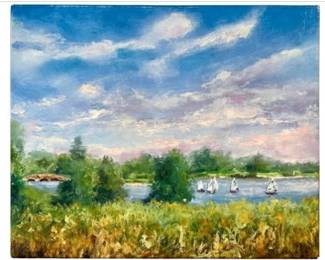 Original Painting By Darien Artist Robert Johnson - Rings End Bridge With Sailboats On The Sound