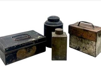 Vintage Toleware Including Two Tea Caddies, Cash Box, & Document Box