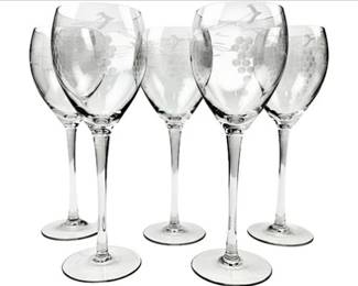 Set Of Five Wine Glasses With Acid Etching Grape Cluster & Vine Design