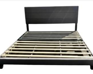 Queen Upholstered Platform & Head Board With Wood Slats - Gray Tone Shiplap Style Headboard