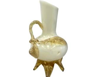 Stevens & Williams Uranium Milk Glass Miniature Pitcher With Amber Glass Details