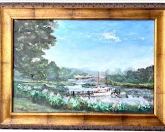 Original Oil Painting By Darien Artist Robert Johnson - Docked Boat