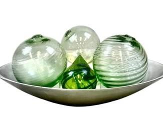 Four Art Glass Swirl Balls & Glass Paperweight In Oval Polished Aluminum Bowl