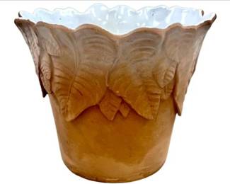 Italian Terracotta Cache Pot With White Glaze Interior - Signed Italy