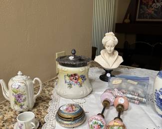 Beautiful hand, painted porcelain door knobs and porcelain drawer poles sold separately Antique biscuit jar, porcelain Tea set