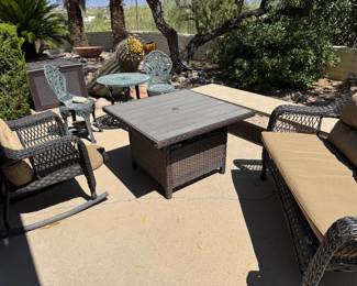 Outdoor couch and chair and fire pit set also a two piece bistro set