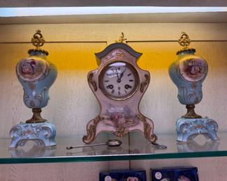 A pair of Antique, French, Urns, and a, French, Clock, Clock and Urns sold separately