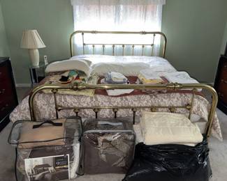 King Size Brass Bed Frame and Assorted Linens