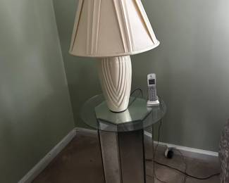 Mirrored End Table and Ceramic Lamp