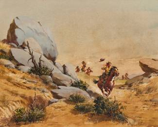 1340 Lloyd Harting (1901-1974) "Rock Refuge" Gouache and watercolor on paperboard Signed lower left: Lloyd Harting; titled and inscribed in ink: "LH-109-D" verso 11.25" H x 15" W Estimate: $500 - $700
