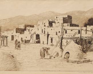 1258 Edward Borein (1872-1945) "Taos" Etching and drypoint on Japanese paper From the edition of unknown size and date Signed in pencil in the lower margin, at right: Edward Borein Plate: 8" H x 14" W; Sheet: 12.25" H x 17.125" W Estimate: $1,000 - $1,500