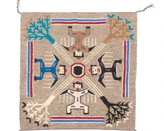 1269 A small Sadie Ross Navajo sandpainting textile Sadie Ross (b. 1937, Diné) Mid/late 20th century Woven in multicolor wool, depicting four Yei figures and bunches of five corn stalks at corners 24.25" H x 24.25" W Estimate: $400 - $600